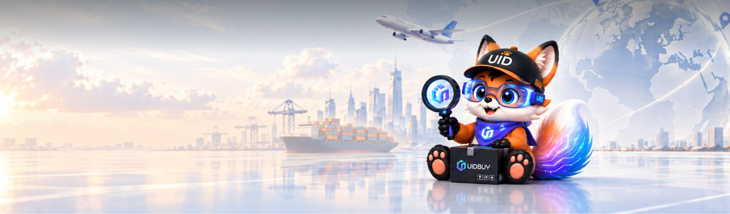 UIDBuy mascot holding a magnifying glass beside a delivery parcel